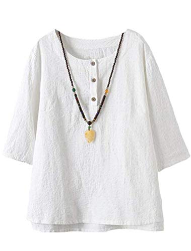 Tebreux Damen T-Shirt Tunika Sommer Baumwolle Leinen 3/4 Ärmel Bluse Oversize Oberteile Tops Weiß Large von Tebreux