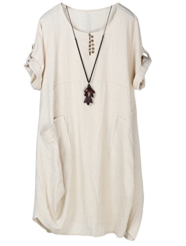 Tebreux Damen Tunika Kleid Sommer Baumwolle Leinen T-Shirt Midi Kleider Boho Lang Sommerkleider Beige Large von Tebreux