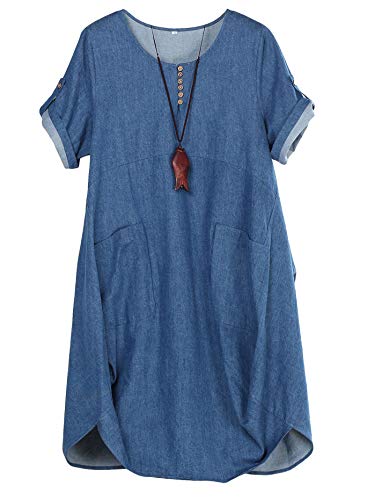 Tebreux Damen Tunika Kleid Sommer Baumwolle Leinen T-Shirt Midi Kleider Boho Lang Sommerkleider Denim Blau Large von Tebreux