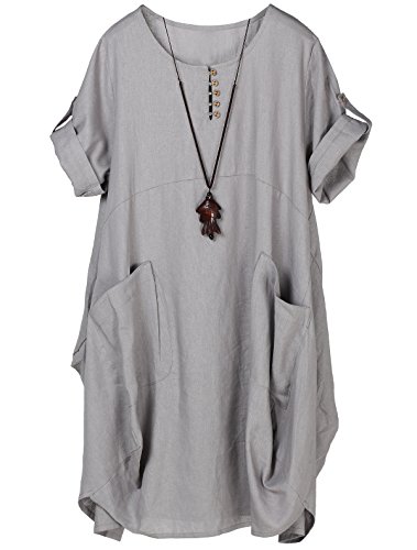 Tebreux Damen Tunika Kleid Sommer Baumwolle Leinen T-Shirt Midi Kleider Boho Lang Sommerkleider Grau XXX-Large von Tebreux