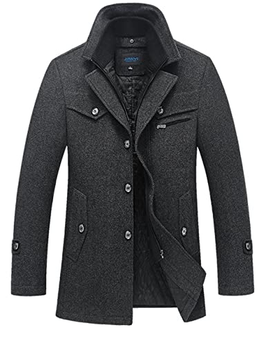 Tebreux Herren Winter Erbsenmantel Slim Fit Einreiher Kurze Wolljacke Wolljacke Trenchcoat, Dunkel_Grau, XL von Tebreux