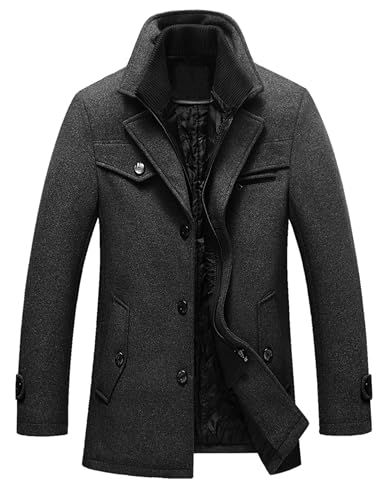 Tebreux Herren Wintermantel mit Erbsen-Motiv, schmale Passform, einreihig, kurz, Wolljacke, Trenchcoat - grau - Groß von Tebreux