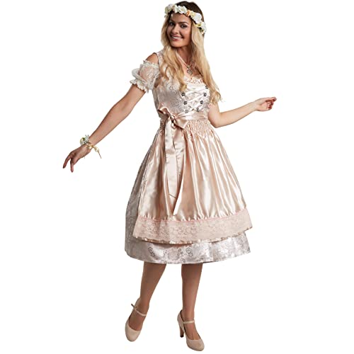 dressforfun Dirndl Damen Midi, Trachtenrock Trachtenkleid mit Schürze, halblanges Dirndlkleid mit Rüschen und Spitze, Trachtenmode Damen für Oktoberfest, mit Dirndl Bluse kombinierbar, beige/Silber von tectake