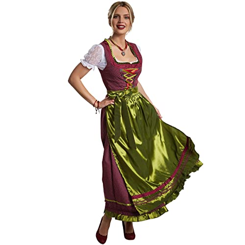 dressforfun Dirndl Damen Lang, Maxi Trachtenkleid mit Strasssteinen, feiner Schnürung, Rüschen-Ausschnitt und Zierborte, Trachtenrock Damen mit Schürze, Dirndl lang für Oktoberfest, rot/grün von tectake