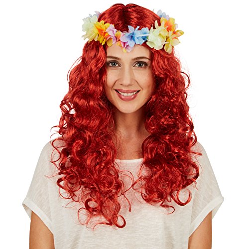 dressforfun Frauenperücke, Locken Hawaii | Mit abnehmbarem Blütenband | Perfekt für Fasching, Straßenumzüge und Mottopartys geeignet von tectake