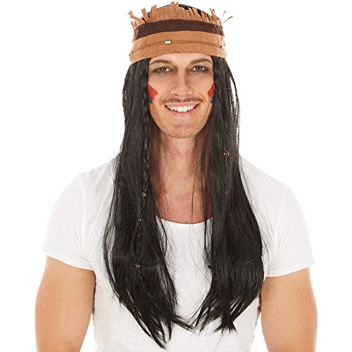 dressforfun Perücke mit Haarband und Holzperlen Verzierung | 70 cm | Indianer Apache Indianerin Fasching von tectake