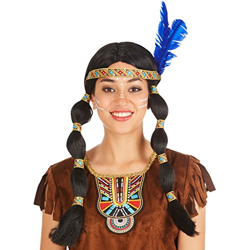 dressforfun Perücke mit zwei geflochtenen Zöpfen | schwarz + Haarband mit Federn | Indianerin Indianer Apache Squaw Fasching von tectake