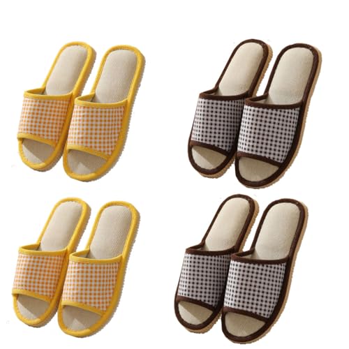 Teceyfeet 4 Paar Gästehausschuhe Set Leinen Hausschuhe Slides Slippers Gästepantoffeln Badeschuhe Rutschfeste Flache Spa Slippers Haushaltsschuhe Hause Hotel Slippers für Damen Herren von Teceyfeet