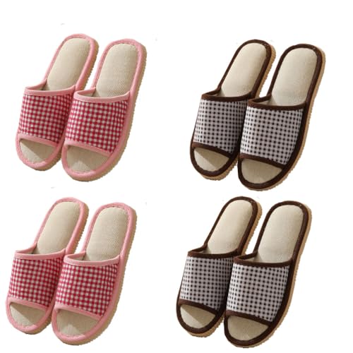 Teceyfeet 4 Paar Gästehausschuhe Set Leinen Hausschuhe Slides Slippers Gästepantoffeln Badeschuhe Rutschfeste Flache Spa Slippers Haushaltsschuhe Hause Hotel Slippers für Damen Herren von Teceyfeet