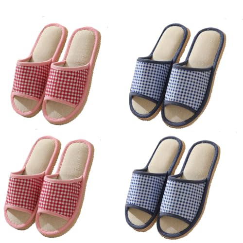 Teceyfeet 4 Paar Gästehausschuhe Set Leinen Hausschuhe Slides Slippers Gästepantoffeln Badeschuhe Rutschfeste Flache Spa Slippers Haushaltsschuhe Hause Hotel Slippers für Damen Herren von Teceyfeet