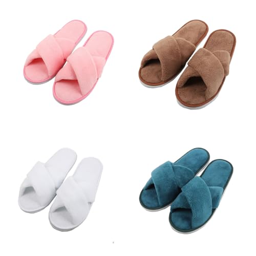 Teceyfeet Gästehausschuhe 4er Set, Unisex Gästepantoffeln Korallensamt Hochwertig Hotelslipper Winter Bequeme Kreuz Band Slides Slipper für Gäste von Teceyfeet