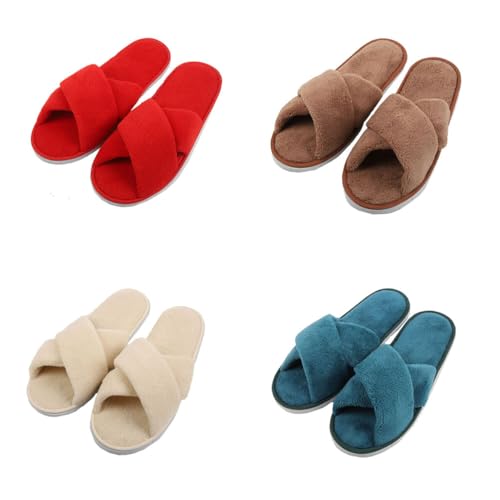 Teceyfeet Gästehausschuhe 4er Set, Unisex Gästepantoffeln Korallensamt Hochwertig Hotelslipper Winter Bequeme Kreuz Band Slides Slipper für Gäste von Teceyfeet