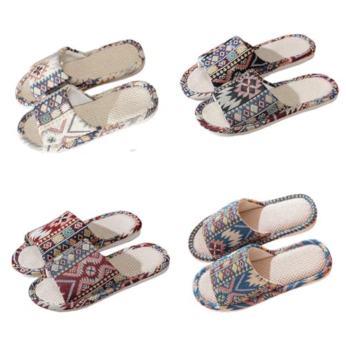 Teceyfeet Gästehausschuhe Set Waschbar,4 Paar Unisex Leinen Hausschuhe Set Ethnischen Gästepantoffel Rutschfest Pantoffeln Slippers Ideal für Gäste, Familie, Hotel, Reisen von Teceyfeet