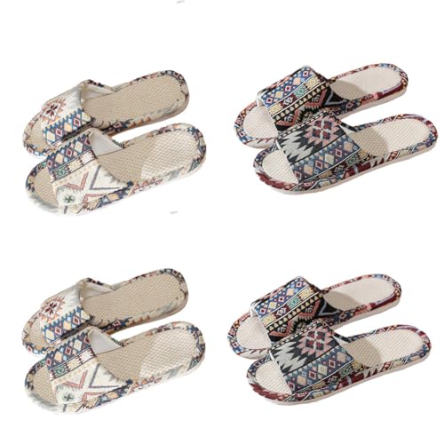 Teceyfeet Gästehausschuhe Set Waschbar,4 Paar Unisex Leinen Hausschuhe Set Ethnischen Gästepantoffel Rutschfest Pantoffeln Slippers Ideal für Gäste, Familie, Hotel, Reisen von Teceyfeet
