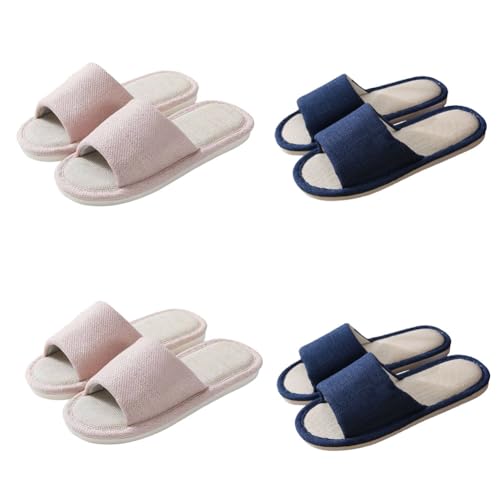 Teceyfeet Hotelslipper Set, 4 Paare Leinen Gästehausschuhe Waschbar Badepantoletten Anti-Rutsch Hausschuhe Baumwolle Bequeme Slip-on Slippers Pantoffeln für Frauen Männer von Teceyfeet