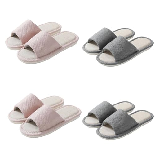 Teceyfeet Hotelslipper Set, 4 Paare Leinen Gästehausschuhe Waschbar Badepantoletten Anti-Rutsch Hausschuhe Baumwolle Bequeme Slip-on Slippers Pantoffeln für Frauen Männer von Teceyfeet