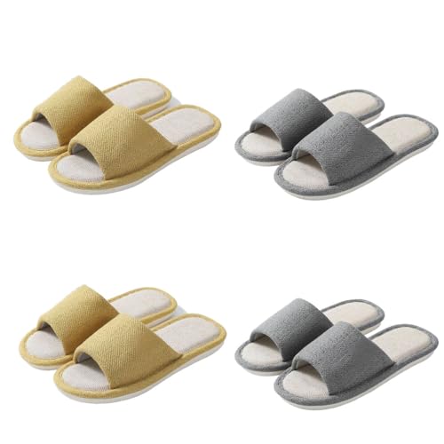 Teceyfeet Hotelslipper Set, 4 Paare Leinen Gästehausschuhe Waschbar Badepantoletten Anti-Rutsch Hausschuhe Baumwolle Bequeme Slip-on Slippers Pantoffeln für Frauen Männer von Teceyfeet