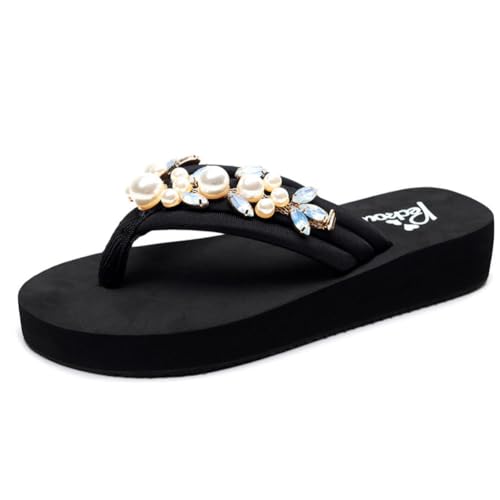 Teceyfeet Sandalen Damen Sommer Flip Flops Mädchen Bohemian Slipper Beach Pantoletten Rutschfeste Perlen Strasssteine Sandaletten Freizeit Zehentrenner von Teceyfeet