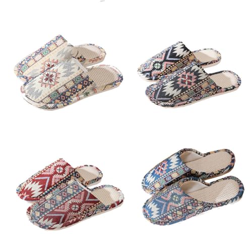 Teceyfeet Unisex Leinen Hausschuhe Set,4 Paar Gästehausschuhe Set Waschbar Ethnischen Gästepantoffel Winter Warm Pantoffeln Rutschfest Slippers Ideal für Gäste, Familie, Hotel, Reisen von Teceyfeet
