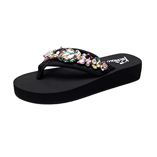 Teceyfeet Zehentrenner Damen Sandalen Slides Rutschfestes Bohemia Sommer Flip Flops Mädchen Sandaletten mit Keilabsatz 3cm, Strand Strasssteine Sandalen Elegant Slipper Mädchen Große Größen von Teceyfeet