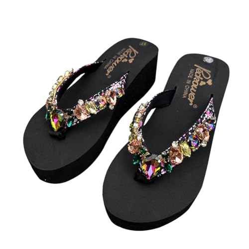 Teceyfeet Zehentrenner Damen Slipper Frauen Badelatschen Sommer Strand Sandalen Plateau Glitzer Strasssteine Bohemian Pantoletten Flip Flops Sandalen,Schwarz von Teceyfeet