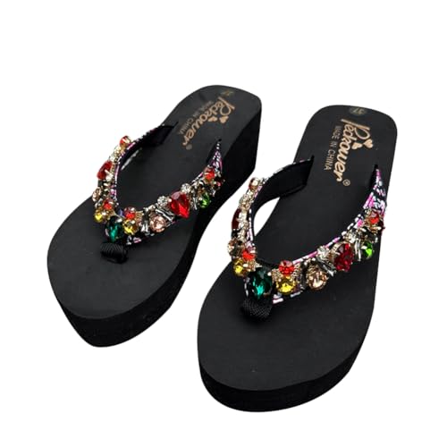 Teceyfeet Zehentrenner Damen Slipper Frauen Badelatschen Sommer Strand Sandalen Plateau Glitzer Strasssteine Bohemian Pantoletten Flip Flops Sandalen,Schwarz von Teceyfeet