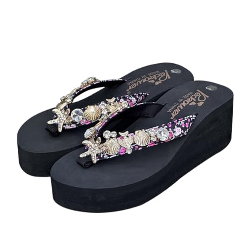 Teceyfeet Zehentrenner Damen Slipper Frauen Badelatschen Sommer Strand Sandalen Plateau Glitzer Strasssteine Bohemian Pantoletten Flip Flops Sandalen,Schwarz von Teceyfeet