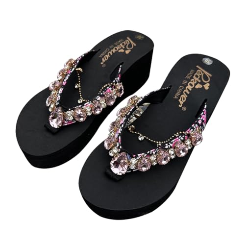 Teceyfeet Zehentrenner Damen Slipper Frauen Badelatschen Sommer Strand Sandalen Plateau Glitzer Strasssteine Bohemian Pantoletten Flip Flops Sandalen,Schwarz von Teceyfeet