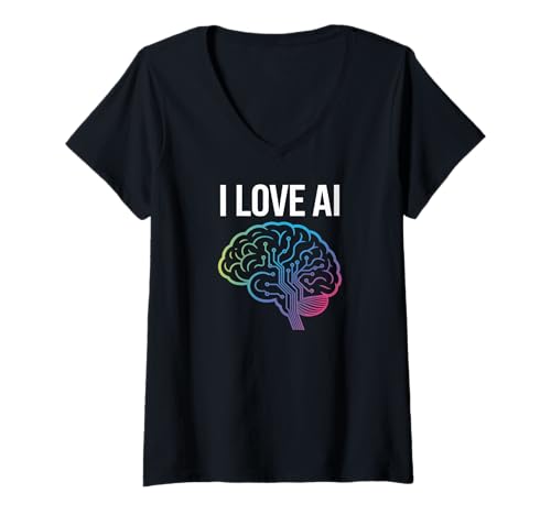 Damen Ich Liebe AI Brain Circuit Technology T-Shirt mit V-Ausschnitt von Tech Enthusiast Neural Network AI