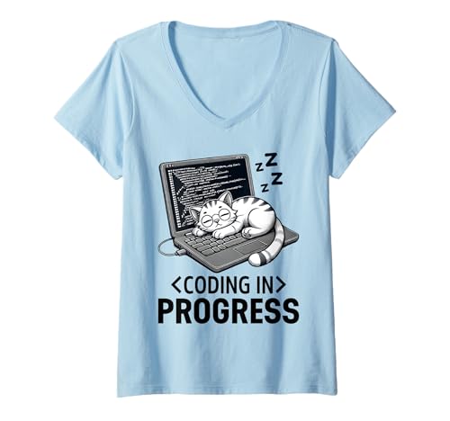 Damen Coding in Progress - Entspannter Programmierer mit einer Katze schlummern T-Shirt mit V-Ausschnitt Damen Coding in Progress - Entspannter Programmierer mit einer Katze schlummern T-Shirt mit V-Ausschnitt von Tech Humor IT Guy Computer Software Engineer