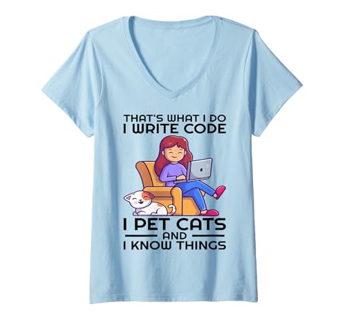 Damen Das Mache ich, ich Schreibe Code, ich streichle Katzen und ich weiß Dinge. T-Shirt mit V-Ausschnitt Damen Das Mache ich, ich Schreibe Code, ich streichle Katzen und ich weiß Dinge. T-Shirt mit V-Ausschnitt von Tech Humor IT Guy Computer Software Engineer