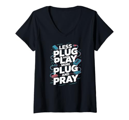 Damen Netzwerktechniker Mehr Plug & Pray T-Shirt mit V-Ausschnitt Damen Netzwerktechniker Mehr Plug & Pray T-Shirt mit V-Ausschnitt von Tech Humor Plug Play Pray Network
