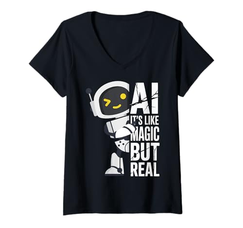 Damen AI It's Like Magic But Real Funny Robot Science Women Men T-Shirt mit V-Ausschnitt von Tech Joke Coder Engineer Dreamer Nerd Logic Humor