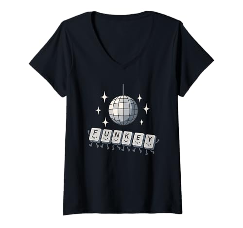 Damen Discoball Keyboard Joke Entwickler Humor Funky Code Dance T-Shirt mit V-Ausschnitt von Tech Nerd Programmer Retro Kawaii Computer Keys