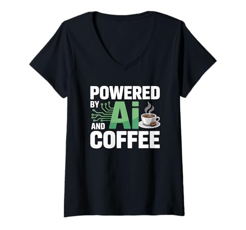Damen Lustiger Spruch Powered by AI Coffee Energy Circuit Damen Herren T-Shirt mit V-Ausschnitt von Tech Workers Programmers Java Coders Robot Humor