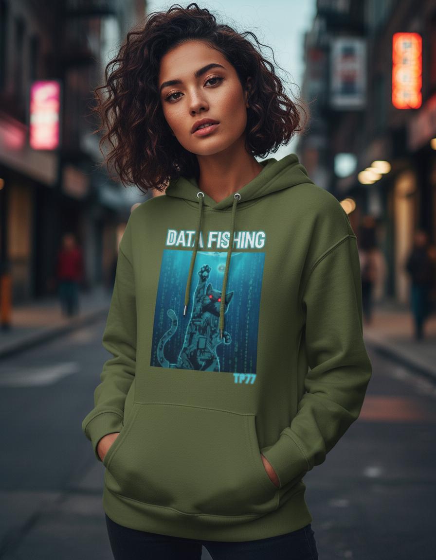 Data Fishing' Tp77 Hoodie | Cyber Cat Hacker Sweatshirt Neon Sci-Fi Coding Apparel Oversize Unisex-Kapuzenpullover von TechPulseArt7