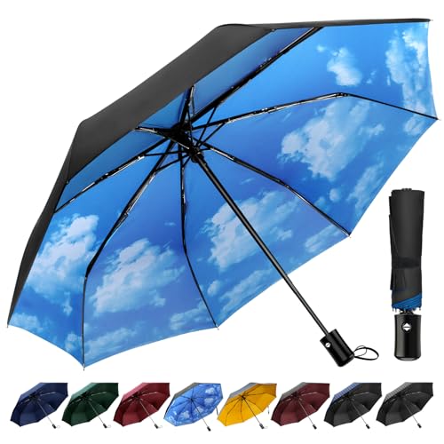 TechRise Regenschirm, Regenschirm Sturmfest mit Automatischer Öffnung & Schließung, Tragbarer & Faltbarer Taschenschirm für Männer Frauen Kinder (Hellblauer Himmel) von TechRise