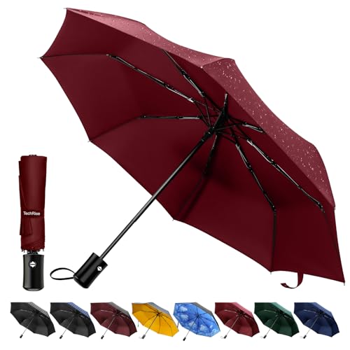 TechRise Regenschirm, klassisch, winddicht, automatisch, zusammenklappbar, kompakt, mit einem Knopf, automatisches Öffnen und Schließen, rot von TechRise