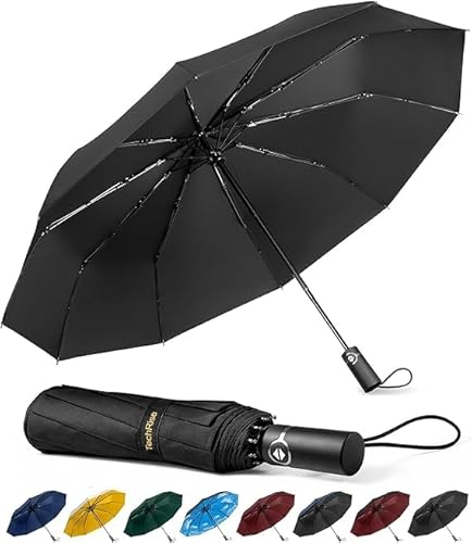 TechRise Regenschirm Taschenschirm Sturmfest Groß -10 Rippen Windsicherer Sturm Taschenschirm Schirm, automatisch kompakt mit einem Knopf Öffnen und Schließen automatisch – Schwarz von TechRise