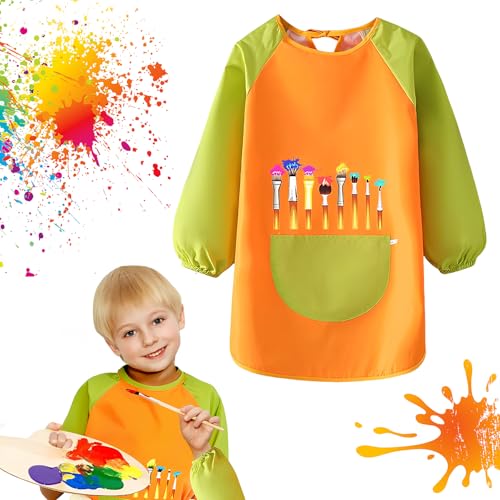Techchii Malschürze Kinder 7-12 Jahre, 130~145cm Wasserdicht Malerkittel Kind mit Ärmeln und Big Taschen Malkittel Schule 1. Klasse Kunst Werkenschürze für Malerei Mädchen Junge von Techchii