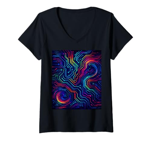 Damen Cyber Glitch Circuit Y2K Vaporwave Techcore Retro Futuristisch T-Shirt mit V-Ausschnitt Damen Cyber Glitch Circuit Y2K Vaporwave Techcore Retro Futuristisch T-Shirt mit V-Ausschnitt von Techcore Fusion