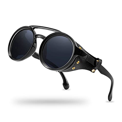 Technigadgets Finnegan Steampunk-Retro-Sonnenbrille für Herren und Damen, mit Leder-Seitenschild, Doppelbrücke, Kunststoffrahmen, Herren-Geschenk, Schwarz Grau Technigadgets Finnegan Steampunk-Retro-Sonnenbrille für Herren und Damen, mit Leder-Seitenschild, Doppelbrücke, Kunststoffrahmen, Herren-Geschenk, Schwarz Grau von Technigadgets