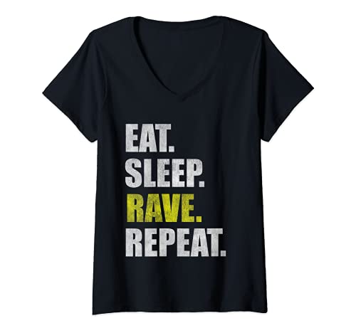 Damen Eat Sleep Rave Repeat T-Shirt mit V-Ausschnitt von Techno Geschenke