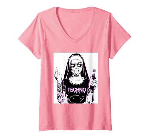Damen Rebellische Nonne Techno Party Hardstyle T-Shirt mit V-Ausschnitt von Techno Musik Outfits für Raver Hardstyle