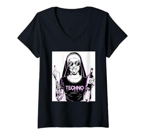 Damen Rebellische Nonne Techno Party Hardstyle T-Shirt mit V-Ausschnitt von Techno Musik Outfits für Raver Hardstyle