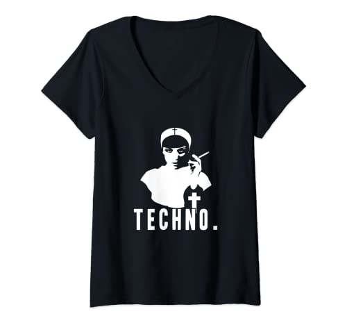 Damen Techno Nonnen Kostüm - Lustig Techno Nonne T-Shirt mit V-Ausschnitt von Techno Nonnen - Nonne Kostüm