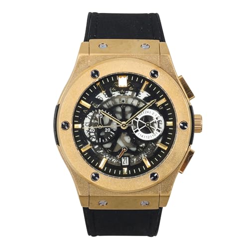 Techno Pave Herren-Skelett-Zifferblatt – 44 mm luxuriöses Design, verstellbares Lederarmband und kühne Hip-Hop-Ästhetik, Schwarz Gold, mens-standard von Techno Pave