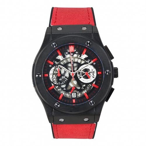 Techno Pave Herren-Skelett-Zifferblatt – 44 mm luxuriöses Design, verstellbares Lederarmband und kühne Hip-Hop-Ästhetik, Schwarz Rot, mens-standard von Techno Pave