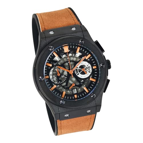 Techno Pave Herren-Skelett-Zifferblatt – 44 mm luxuriöses Design, verstellbares Lederarmband und kühne Hip-Hop-Ästhetik, Schwarzbraun, mens-standard von Techno Pave