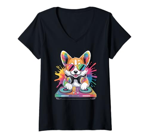 Damen Hund DJ an Turntables EDM Synthesizer Rave Music Cooles T-Shirt mit V-Ausschnitt von Techno Plattenspieler und Deejay Monkeys Outfits